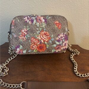 Guess Floral Print Crossbody Bag with Silver Chain